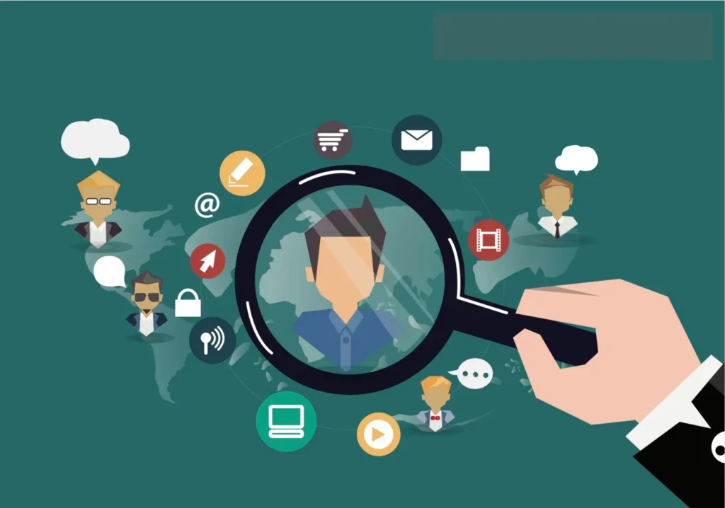 Illustration representing a digital marketing strategy: a hand holds a magnifying glass zooming in on a target audience profile at the center, surrounded by icons for email, social media, content, video, security, and communication, with a world map and diverse user figures in the background.