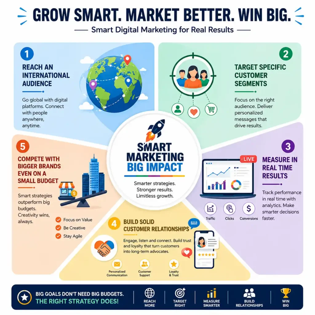 Infographic about what is digital marketing titled “Grow Smart. Market Better. Win Big. – Smart Digital Marketing for Real Results.” The design explains how digital marketing helps businesses grow through online strategies and customer engagement. At the center, “Smart Marketing Big Impact” highlights smarter strategies, stronger results, and limitless growth.